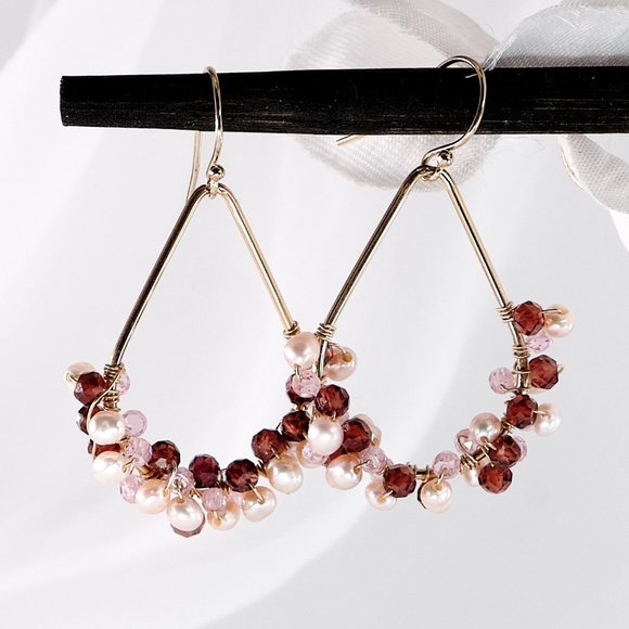 Tiny Pearl & Garnet Hoop Earrings, 14K Gold Filled Teardrop Hoops - Picture 5 of 11